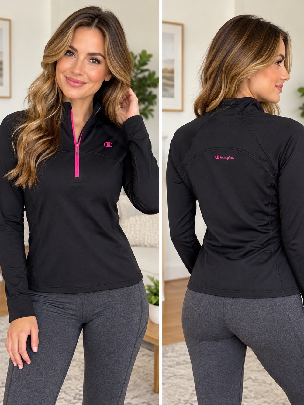 Champion Black Half-Zip Pullover with Pink Accents